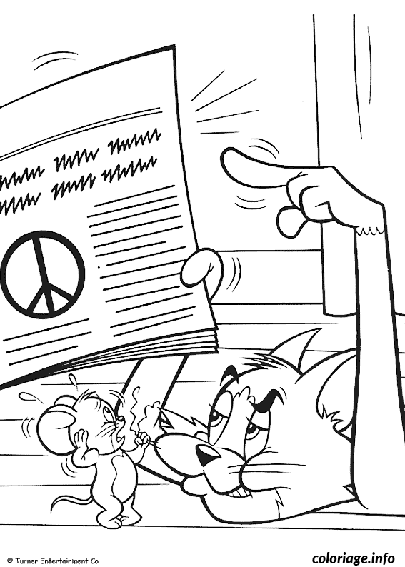 Dessin Tom montre a Jerry le logo peace and love Coloriage Gratuit à Imprimer