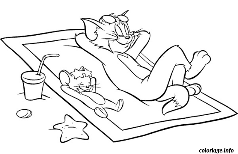 Dessin Tom et Jerry a la plage Coloriage Gratuit à Imprimer