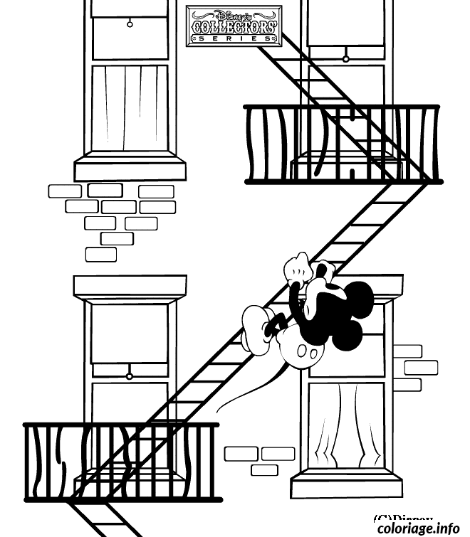 Dessin Mickey dans les escaliers de secours Coloriage Gratuit à Imprimer