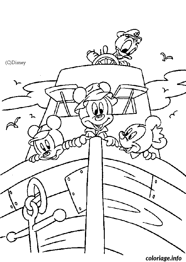 Dessin Mickey et son ami Donald sur un bateau Coloriage Gratuit à Imprimer