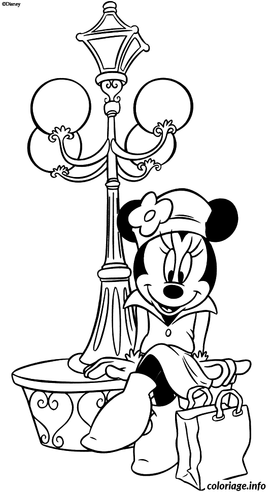 Dessin Minnie au pied d un lampadaire parisien Coloriage Gratuit à Imprimer