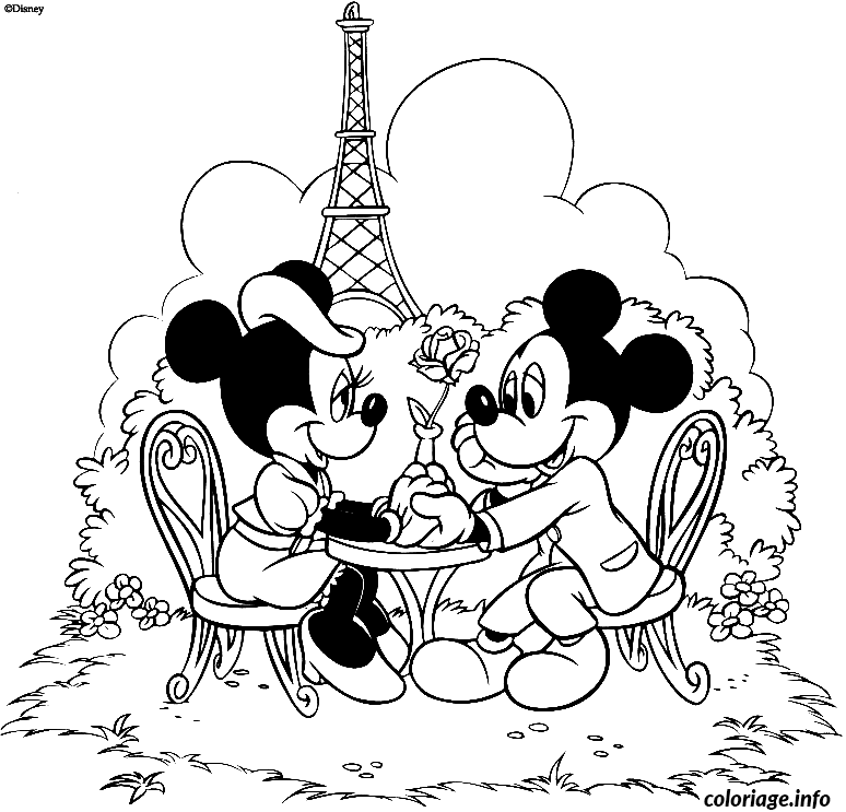 Dessin Mickey et Minnie en amoureux a Paris Coloriage Gratuit à Imprimer