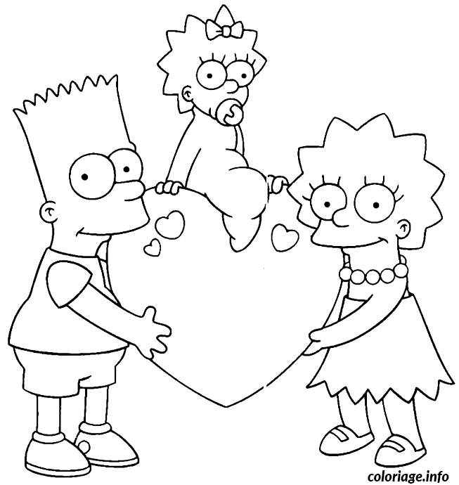Dessin st valentin Bart et Lisa portent Maggie sur un coeur Coloriage Gratuit à Imprimer