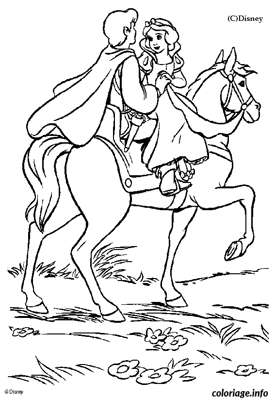 Dessin Blanche neige et son prince charmant sur le cheval Coloriage Gratuit à Imprimer