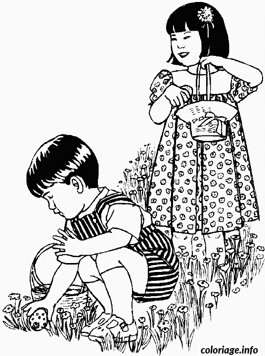 Coloriage Deux enfants ramassent des chocolats de Pâques - Enfants à imprimer