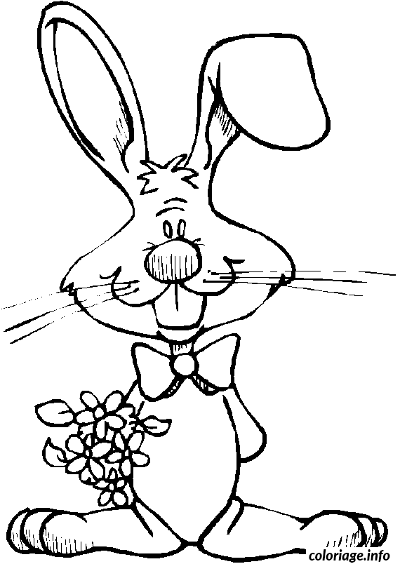 Dessin paques lapin grandes oreilles avec un bouquet de fleurs Coloriage Gratuit à Imprimer