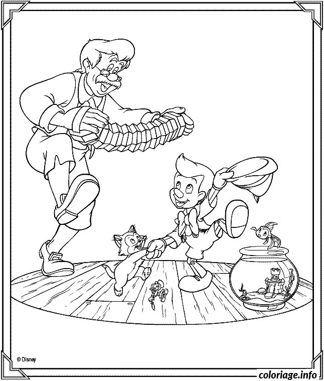 Dessin dessin a colorier de Pinocchio Geppetto Jiminy Cricket et les poissons Coloriage Gratuit à Imprimer