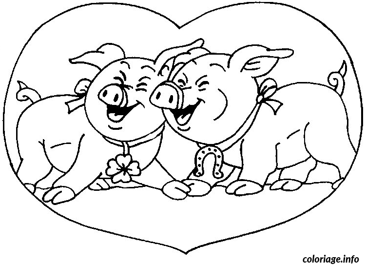 Dessin deux cochons dans un coeur Coloriage Gratuit à Imprimer