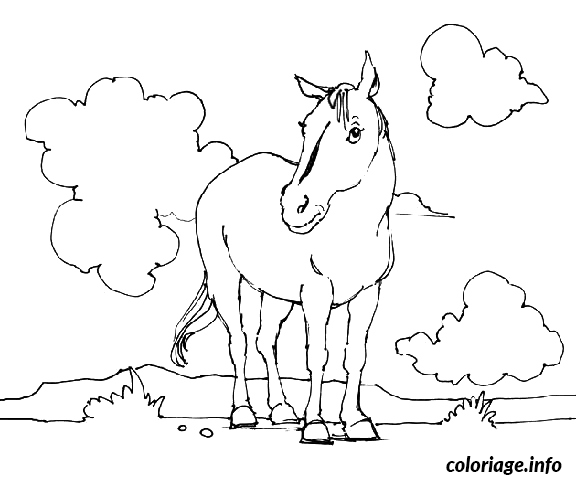 Dessin cheval avec des nuages derriere lui Coloriage Gratuit à Imprimer