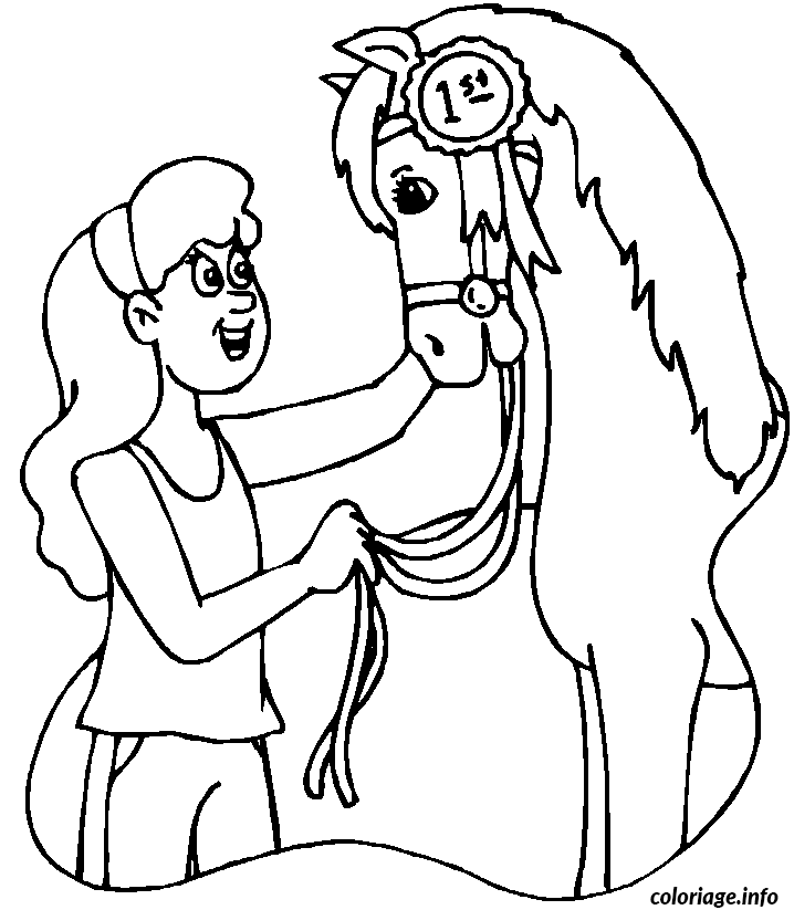 Dessin une fille tient son cheval Coloriage Gratuit à Imprimer