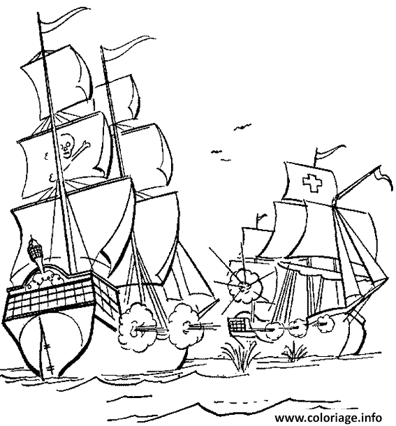 Coloriage Le Bateau Pirate Attaque Un Navire De Marchandises Dessin