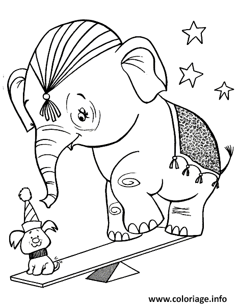 Dessin un chien avec un elephant dans un cirque Coloriage Gratuit à Imprimer