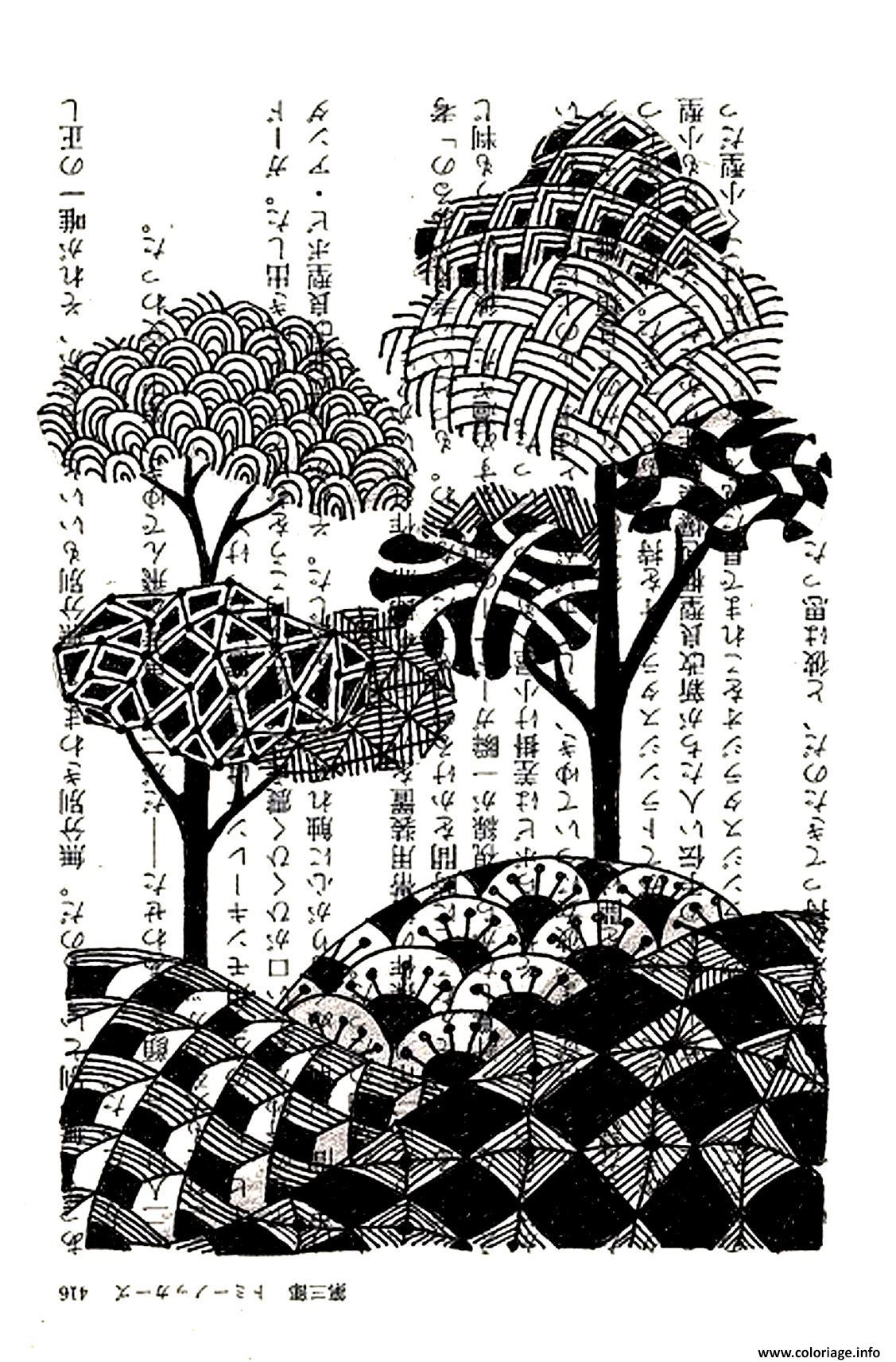 Dessin dessin style chinois arbres encre de chine Coloriage Gratuit à Imprimer