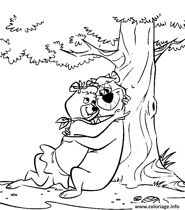 Dessin Cindy Bear et Yogi sous un arbre Coloriage Gratuit à Imprimer