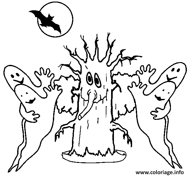 Dessin un arbre sans feuille et 4 fantomes Coloriage Gratuit à Imprimer