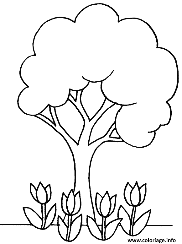 Dessin arbre et tulipes Coloriage Gratuit à Imprimer