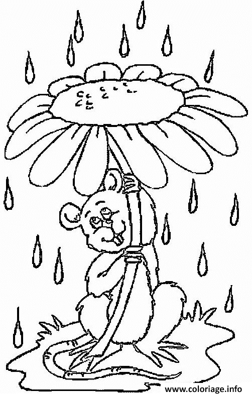 Dessin la souris s abrite de la pluie sous une fleur Coloriage Gratuit à Imprimer