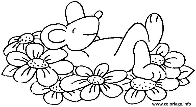 Dessin souris allongee sur des fleurs Coloriage Gratuit à Imprimer