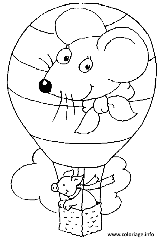 Dessin un cochon dans une montgolfiere avec une tete de souris Coloriage Gratuit à Imprimer