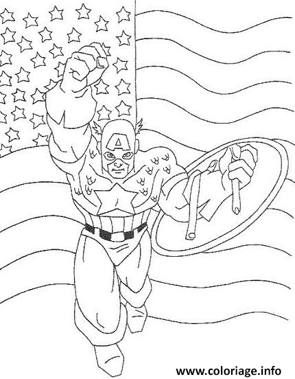 Dessin captain america devant le drapeau americain Coloriage Gratuit à Imprimer