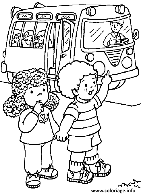 Dessin deux enfants rentrent de l ecole en bus scolaire Coloriage Gratuit à Imprimer