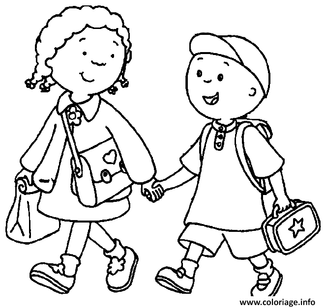 Dessin un frere et une soeur vont a l ecole en se tenant la main Coloriage Gratuit à Imprimer