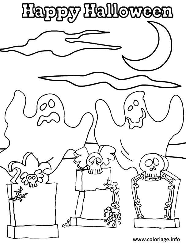 Dessin happy halloween avec des fantomes Coloriage Gratuit à Imprimer