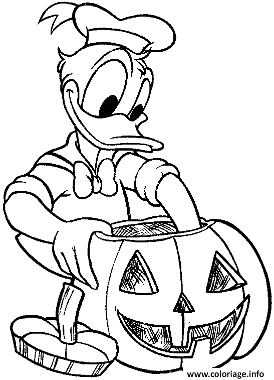 Dessin Donald fabrique sa citrouille pour Halloween Coloriage Gratuit à Imprimer