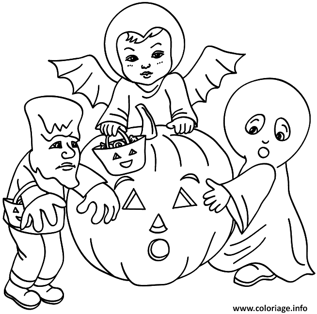 Coloriage 3 Enfants Deguises Pour Halloween Avec Une Citrouille Dessin à Imprimer