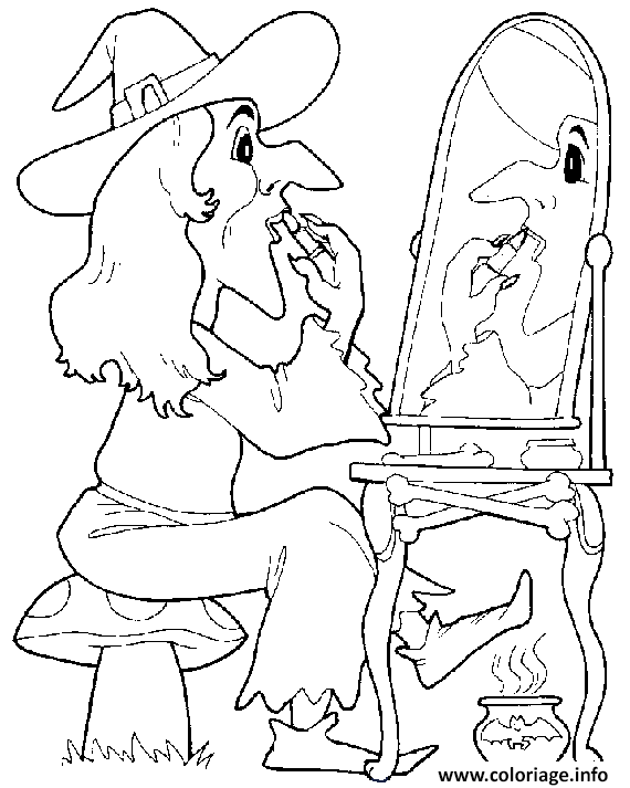 Dessin dessin d une sorciere qui se maquille devant son miroir Coloriage Gratuit à Imprimer