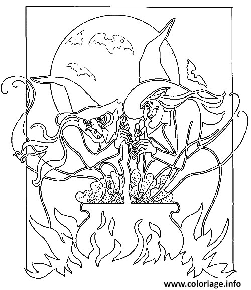 Coloriage Deux Sorcieres Preparent Un Sortilege Dans Une Marmite Dessin à Imprimer