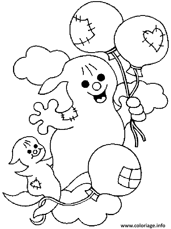 Dessin deux fantomes dans les nuages avec des ballons Coloriage Gratuit à Imprimer