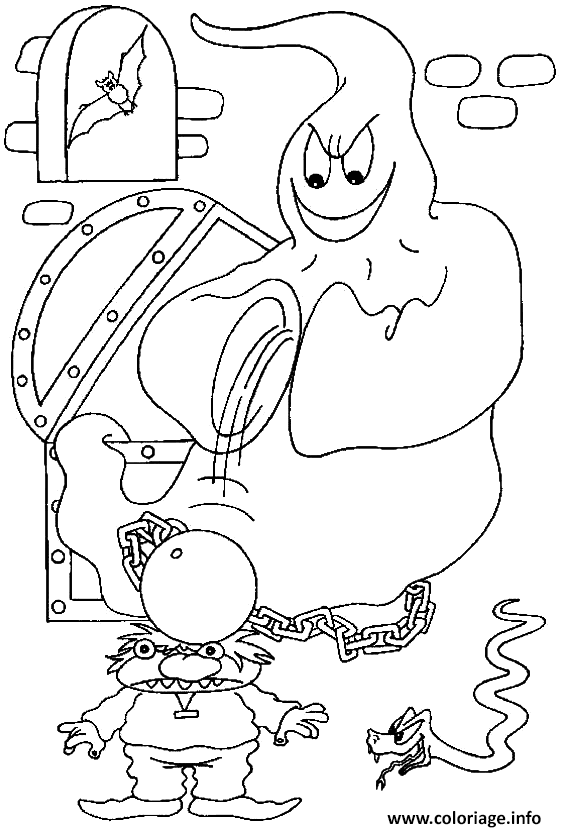 Dessin le fantome assomme un humain avec un boulet Coloriage Gratuit à Imprimer