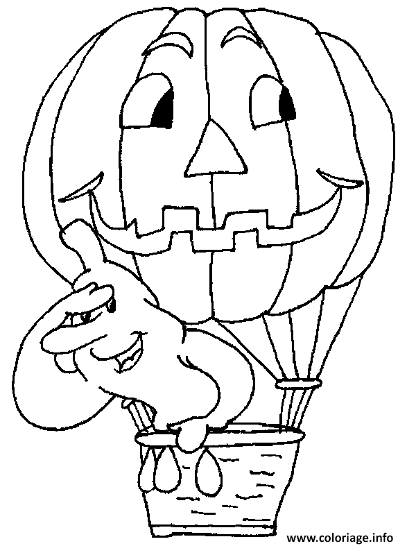 Dessin un fantome dans une montgolfiere en forme de citrouille Coloriage Gratuit à Imprimer