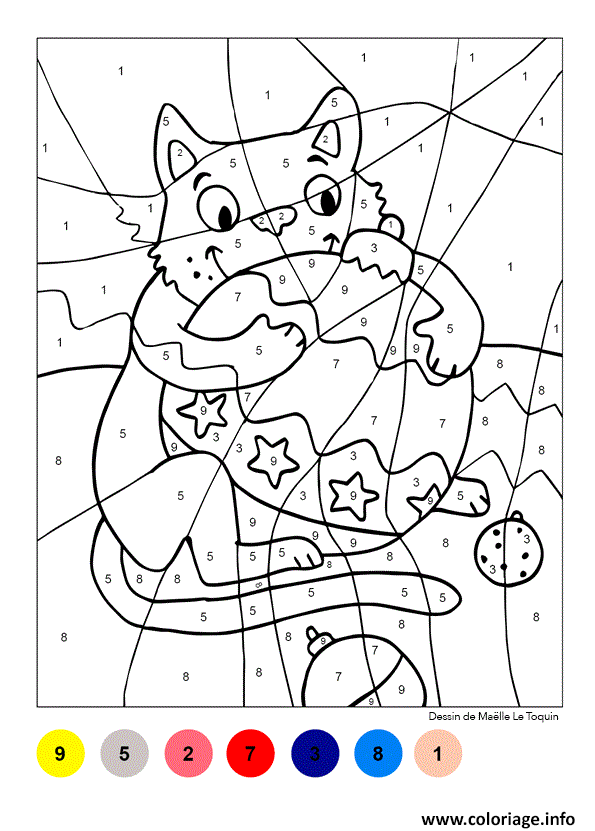 Coloriage magique chat boule de noel  JeColorie.com