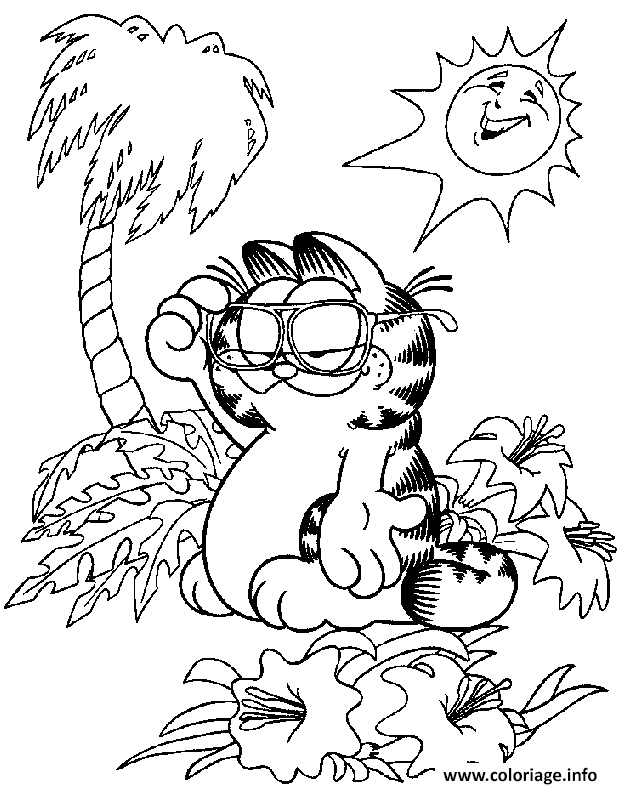 Dessin Garfield sous un palmier avec le soleil Coloriage Gratuit à Imprimer