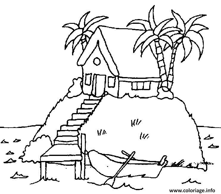 Dessin palmier maison pres de la plage Coloriage Gratuit à Imprimer