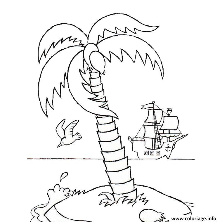 Dessin palmier avec cocotier et bateau Coloriage Gratuit à Imprimer