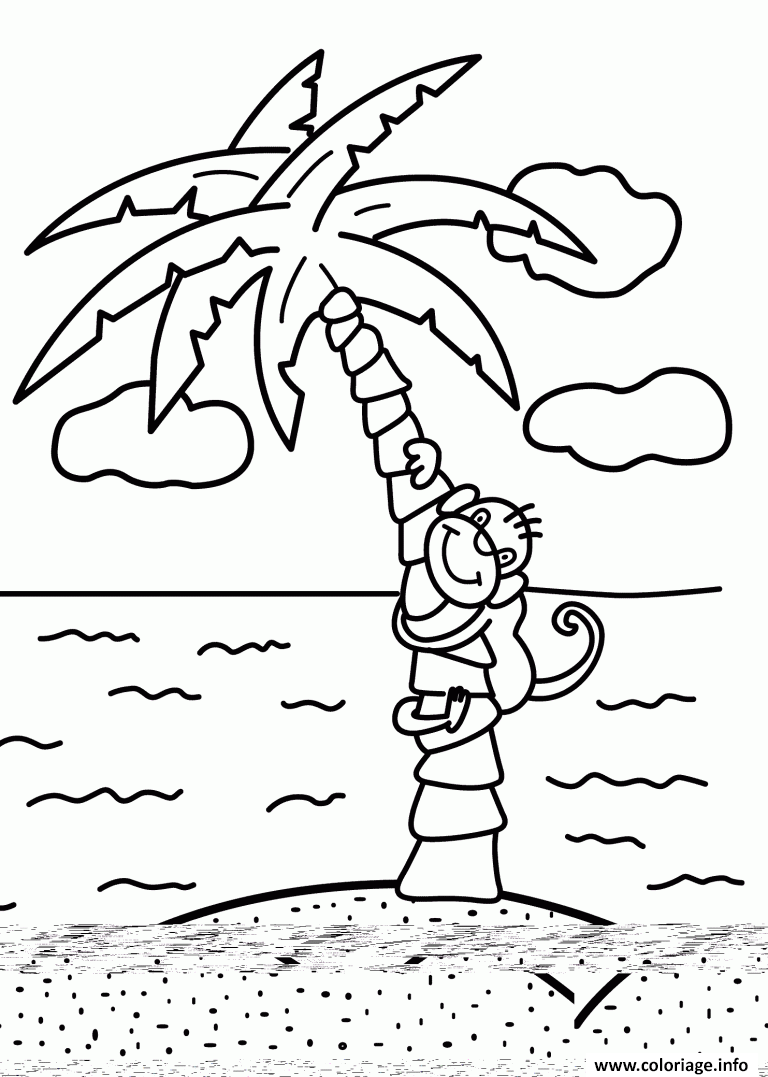 Dessin palmier avec singe et plage Coloriage Gratuit à Imprimer