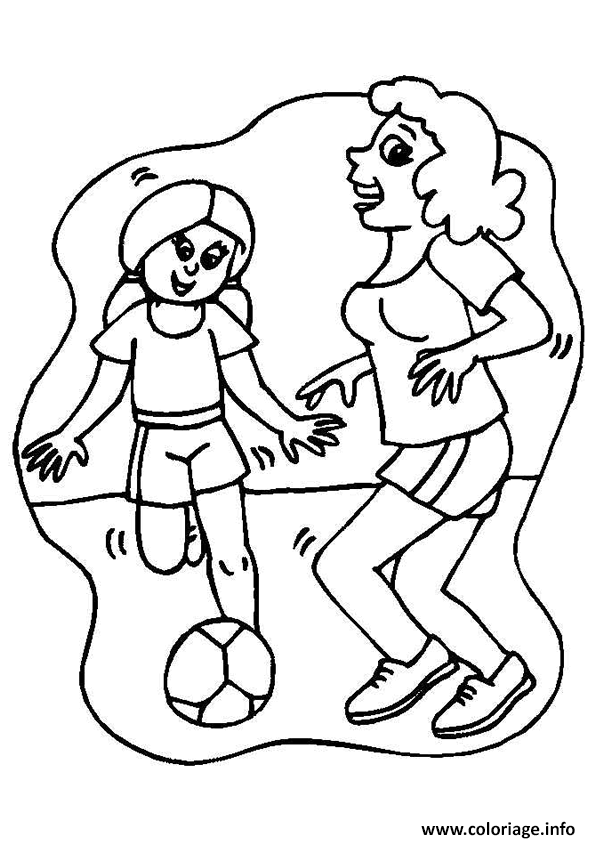 Dessin footballeur foot maman et sa fille jouent au foot Coloriage Gratuit à Imprimer