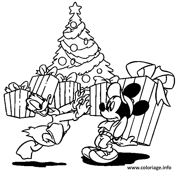 Dessin Donald et Mickey avec cadeaux deavnt le sapin de noel Coloriage Gratuit à Imprimer