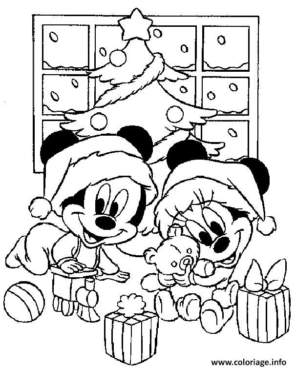 Dessin Les enfant de Mickey et Minnie jouent avec leurs cadeaux de noel devant le sapin Coloriage Gratuit à Imprimer
