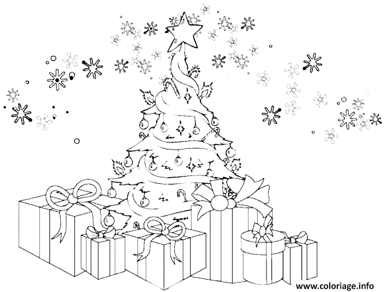 Dessin sapin de noel avec des cadeaux et des flocons de neige Coloriage Gratuit à Imprimer