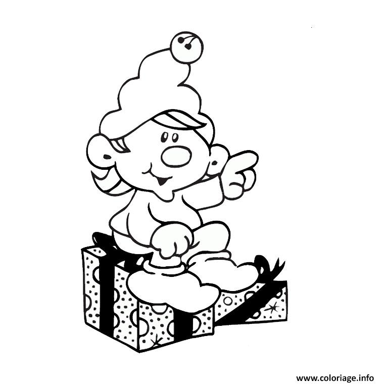 Dessin un bebe elf assis sur un cadeau Coloriage Gratuit à Imprimer