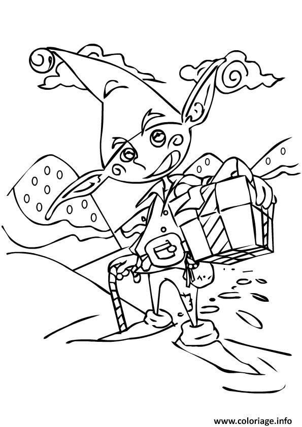Dessin elf depose un cadeau de noel dans la maison dun enfant Coloriage Gratuit à Imprimer