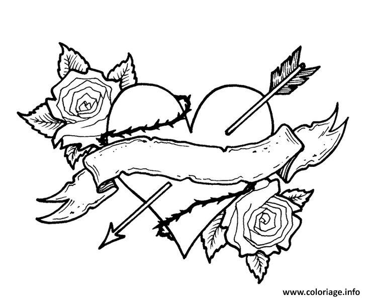 Coloriage Coeur Fleur Rose Fleche Vintage Dessin