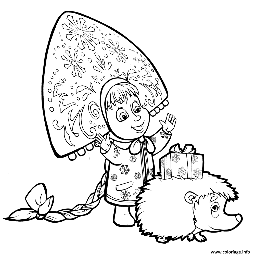 Dessin masha et michka offre un cadeau a hedgehog Coloriage Gratuit à Imprimer