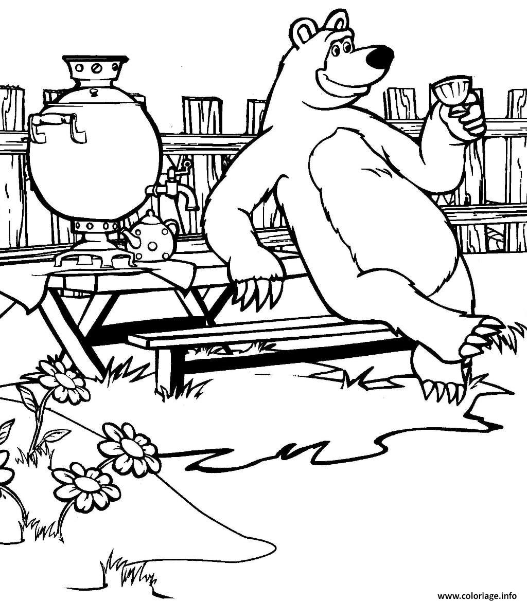 Dessin masha et michka ours deguste un cafe Coloriage Gratuit à Imprimer