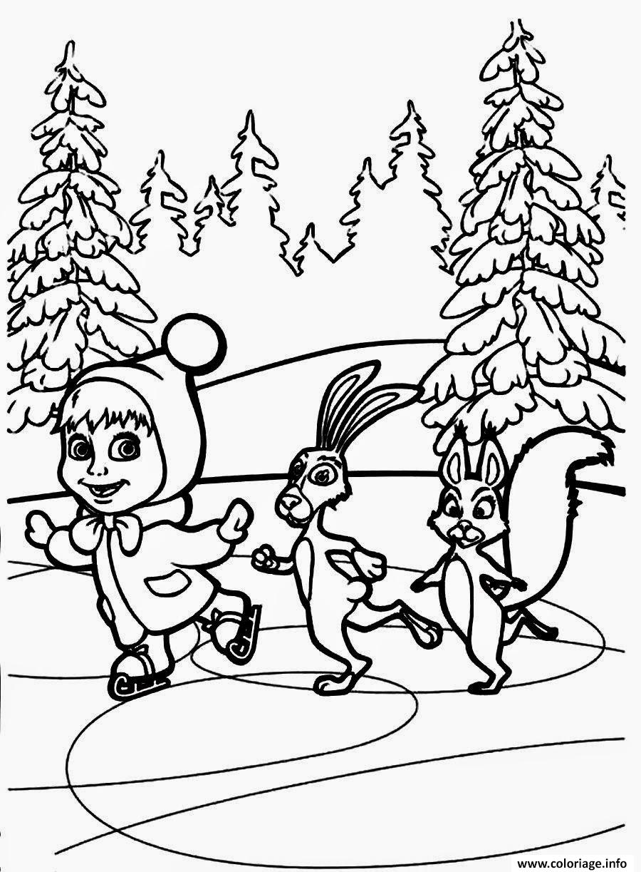 Dessin masha et michka patinage avec ses amis Coloriage Gratuit à Imprimer