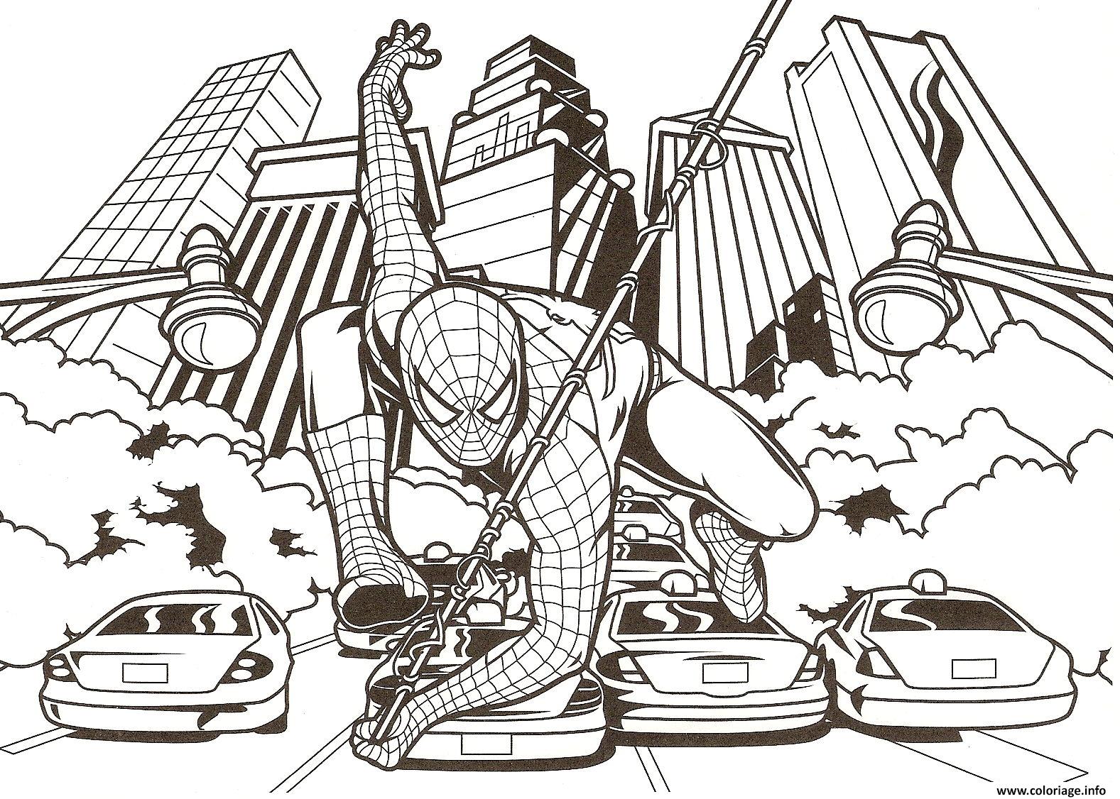Coloriage Spider Man Au Centre Ville Sur Des Voitures Dessin à Imprimer